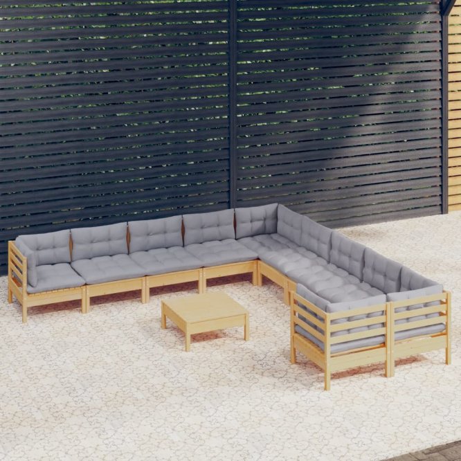 3097012_1.jpg 11-tlg. Garten-Lounge-Set mit Grauen Kissen Kiefernholz – Bild 1