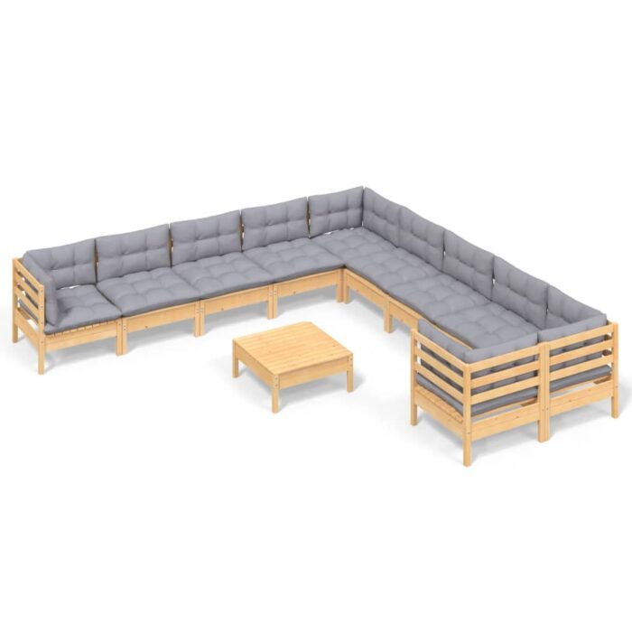 11-tlg. Garten-Lounge-Set mit Grauen Kissen Kiefernholz – Bild 2