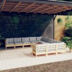 11-tlg. Garten-Lounge-Set mit Grauen Kissen Kiefernholz