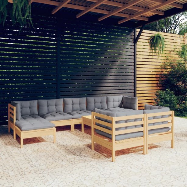 3097132_1.jpg 10-tlg. Garten-Lounge-Set mit Grauen Kissen Kiefer Massivholz – Bild 1