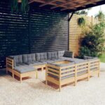 10-tlg. Garten-Lounge-Set mit Grauen Kissen Kiefer Massivholz