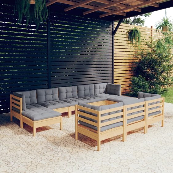 3097138_1.jpg 10-tlg. Garten-Lounge-Set mit Grauen Kissen Kiefer Massivholz – Bild 1