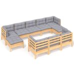 10-tlg. Garten-Lounge-Set mit Grauen Kissen Kiefer Massivholz – Bild 2
