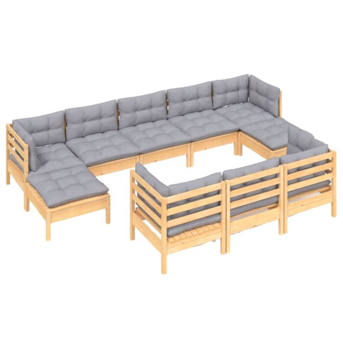 10-tlg. Garten-Lounge-Set mit Grauen Kissen Kiefer Massivholz – Bild 3