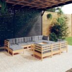 11-tlg. Garten-Lounge-Set mit Grauen Kissen Kiefer Massivholz