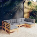 6-tlg. Garten-Lounge-Set mit Grauen Kissen Kiefer Massivholz