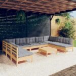 10-tlg. Garten-Lounge-Set mit Grauen Kissen Kiefer Massivholz