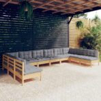 10-tlg. Garten-Lounge-Set mit Grauen Kissen Kiefer Massivholz