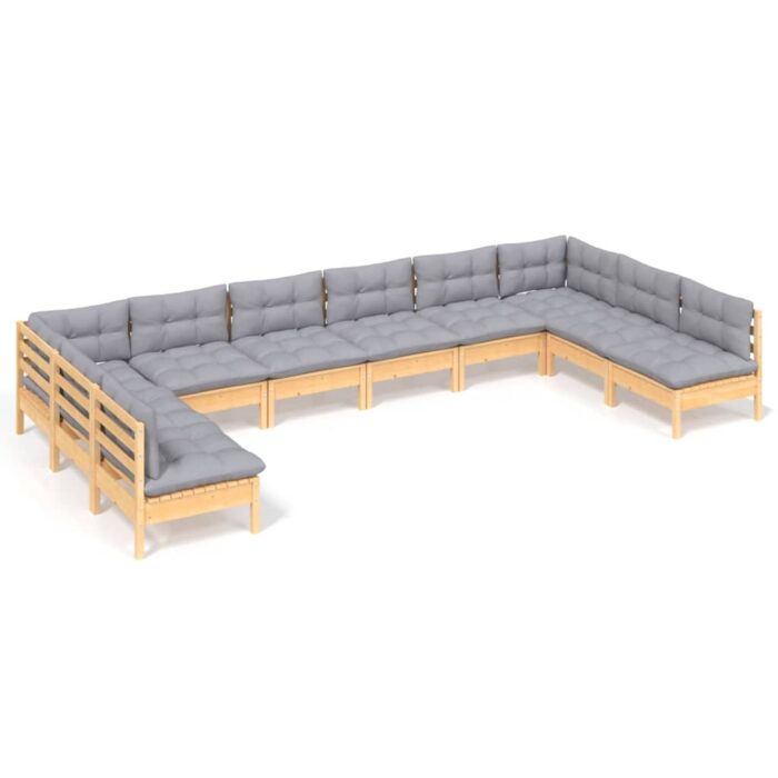 10-tlg. Garten-Lounge-Set mit Grauen Kissen Kiefer Massivholz – Bild 2