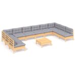 11-tlg. Garten-Lounge-Set mit Grauen Kissen Kiefer Massivholz – Bild 2