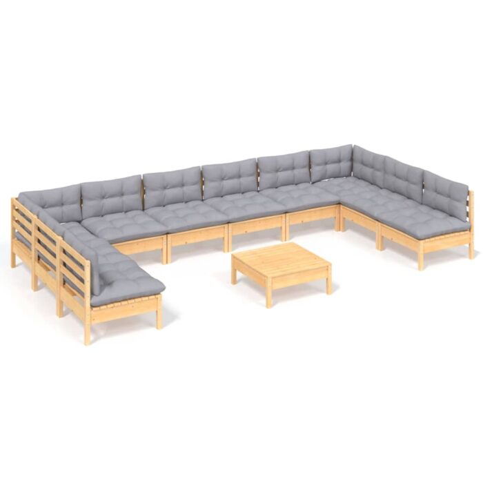 11-tlg. Garten-Lounge-Set mit Grauen Kissen Kiefer Massivholz – Bild 2