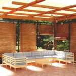 11-tlg. Garten-Lounge-Set mit Grauen Kissen Kiefernholz