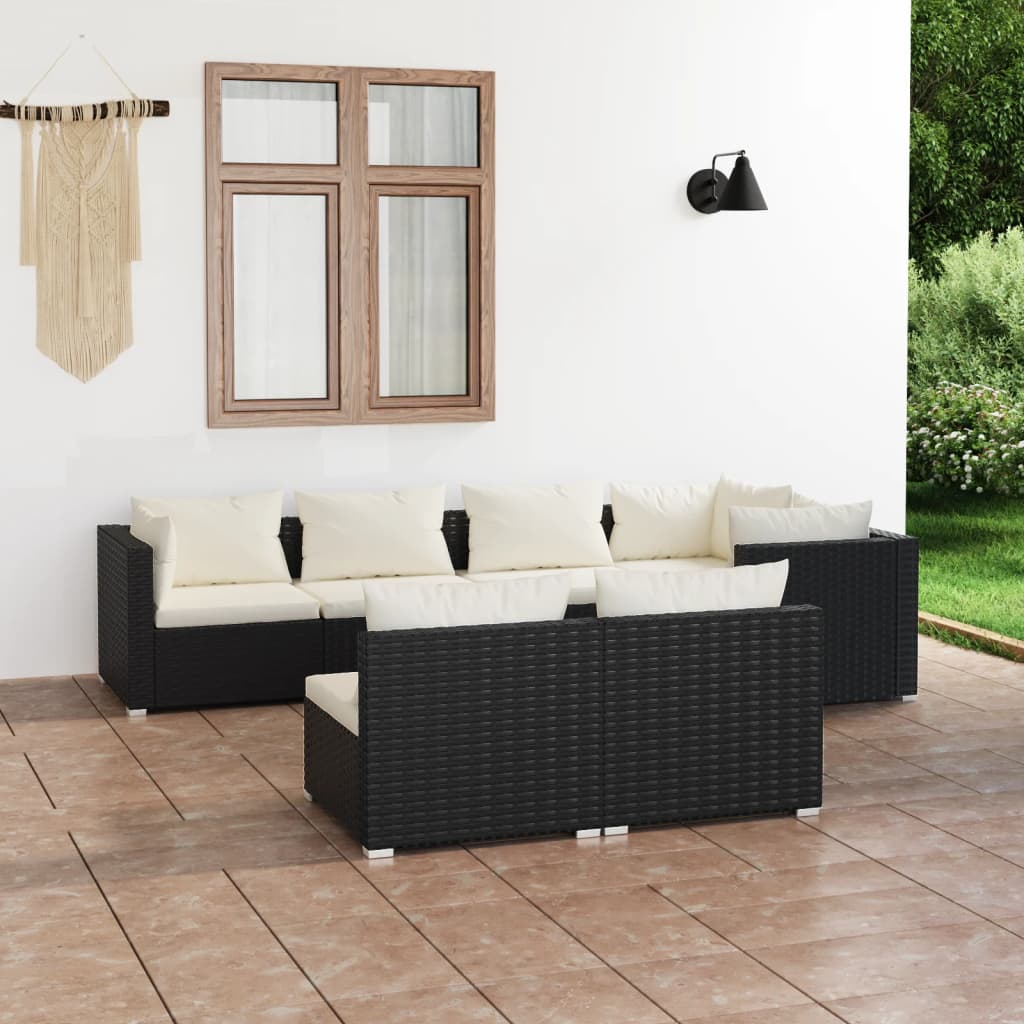 3102383_1.jpg 7-tlg. Garten-Lounge-Set mit Kissen Schwarz Poly Rattan – Bild 1