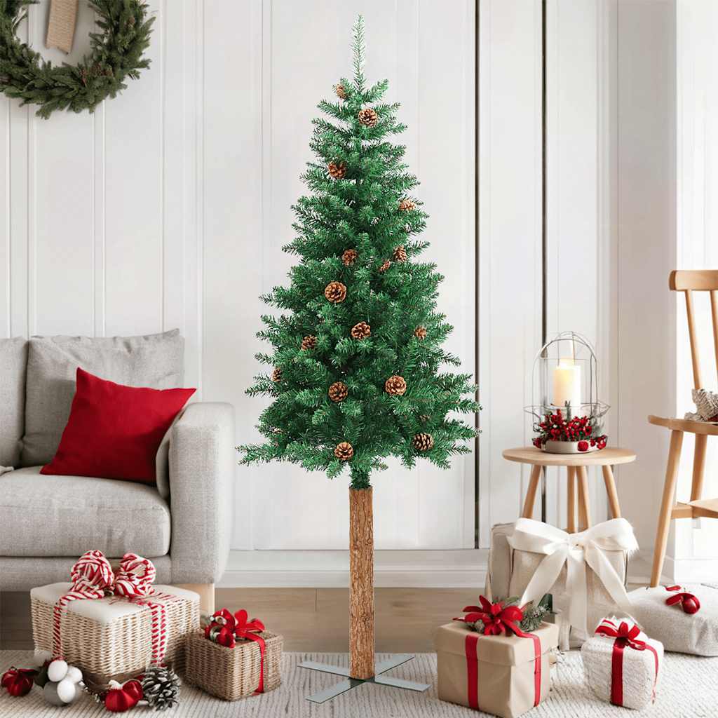 320957_1.jpg Weihnachtsbaum Schlank mit Echtholz und Zapfen Grün 150 cm PVC – Bild 1