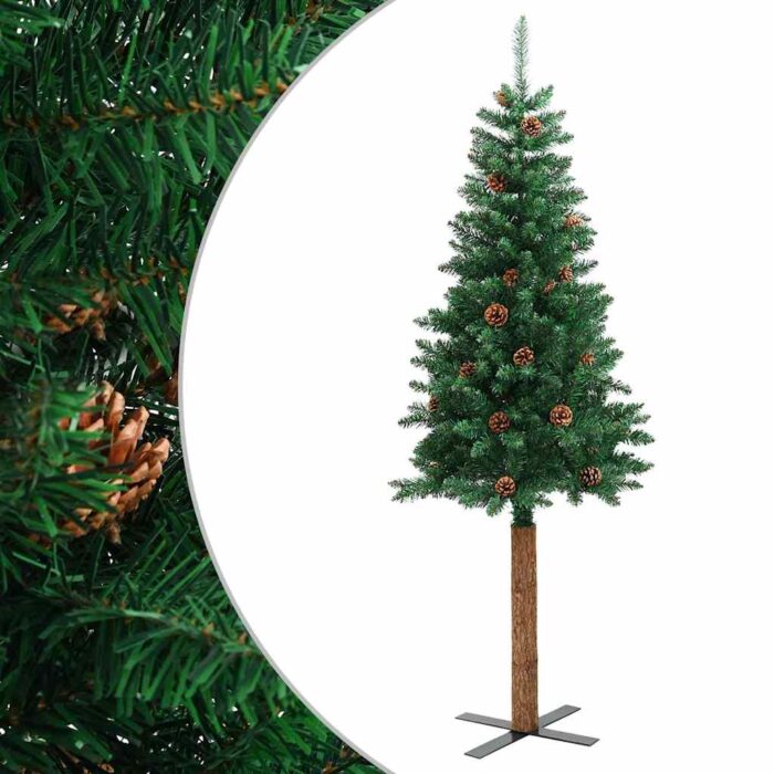 Weihnachtsbaum Schlank mit Echtholz und Zapfen Grün 150 cm PVC – Bild 2
