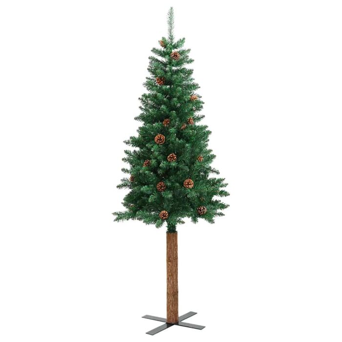 Weihnachtsbaum Schlank mit Echtholz und Zapfen Grün 150 cm PVC – Bild 3