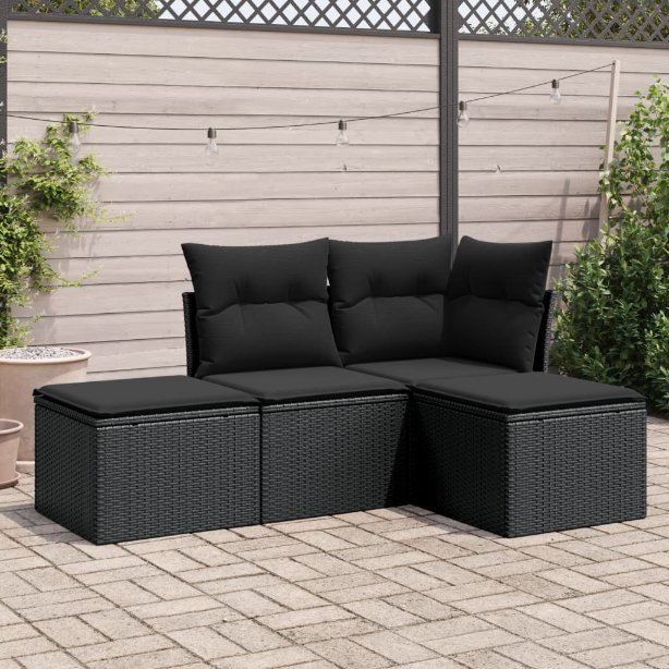 3217475_1.jpg 4-tlg. Garten-Sofagarnitur mit Kissen Schwarz Poly Rattan – Bild 1
