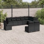 10-tlg. Garten-Sofagarnitur mit Kissen Schwarz Poly Rattan