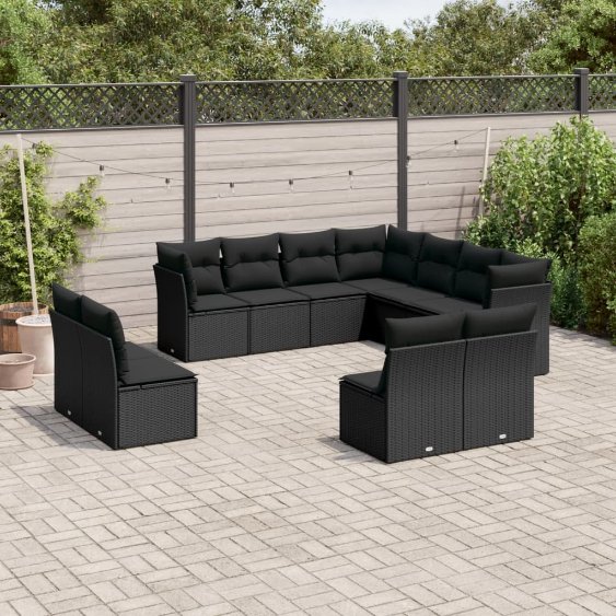 3217815_1.jpg 11-tlg. Garten-Sofagarnitur mit Kissen Schwarz Poly Rattan – Bild 1