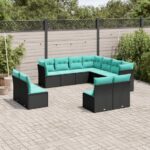 11-teiliges Gartensofa-Set mit Kissen, schwarzes Polyrattan