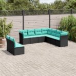 9-teiliges Gartensofa-Set mit Kissen, schwarzes Polyrattan