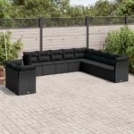 11-tlg. Garten-Sofagarnitur mit Kissen Schwarz Poly Rattan
