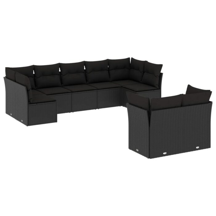 9-tlg. Garten-Sofagarnitur mit Kissen Schwarz Poly Rattan – Bild 2