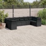 10-tlg. Garten-Sofagarnitur mit Kissen Schwarz Poly Rattan