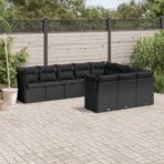 10-tlg. Garten-Sofagarnitur mit Kissen Schwarz Poly Rattan
