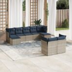 10-teiliges Gartensofa-Set mit Kissen, schwarzes Polyrattan