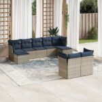 10-teiliges Gartensofa-Set mit Kissen, schwarzes Polyrattan