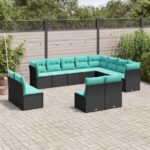 12-teiliges Gartensofa-Set mit Kissen, schwarzes Polyrattan