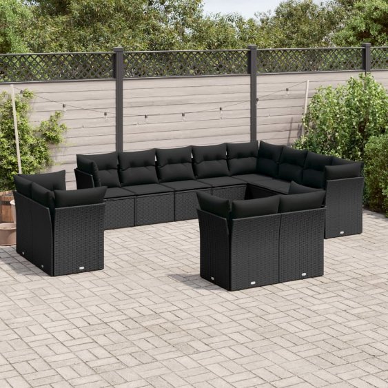3218525_1.jpg 12-tlg. Garten-Sofagarnitur mit Kissen Schwarz Poly Rattan – Bild 1