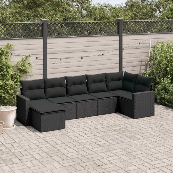 3219265_1.jpg 7-tlg. Garten-Sofagarnitur mit Kissen Schwarz Poly Rattan – Bild 1