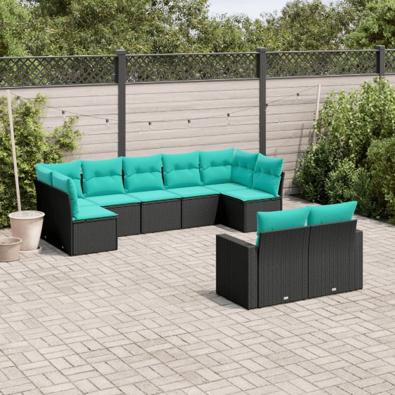 3219407_1.jpg 9-tlg. Garten-Sofagarnitur mit Kissen Schwarz Poly Rattan – Bild 1