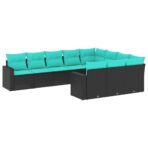 10-tlg. Garten-Sofagarnitur mit Kissen Schwarz Poly Rattan – Bild 2