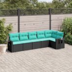 6-teiliges Gartensofa-Set mit Kissen, schwarzes Polyrattan
