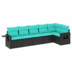 6-teiliges Gartensofa-Set mit Kissen, schwarzes Polyrattan – Bild 2