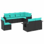 8-teiliges Gartensofa-Set mit Kissen, schwarzes Polyrattan – Bild 2