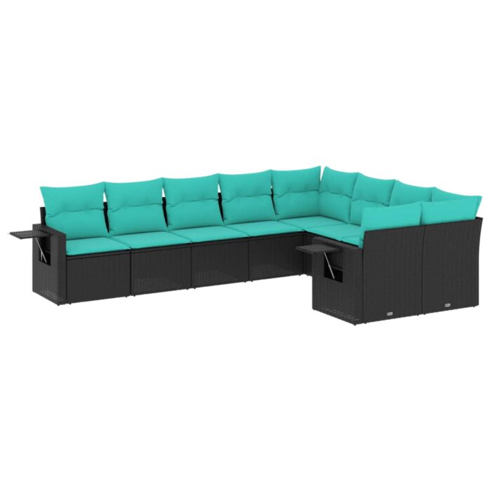 9-teiliges Gartensofa-Set mit Kissen, schwarzes Polyrattan – Bild 2