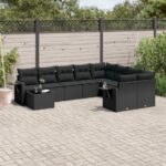 10-tlg. Garten-Sofagarnitur mit Kissen Schwarz Poly Rattan