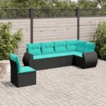6-teiliges Gartensofa-Set mit Kissen, schwarzes Polyrattan