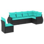 6-teiliges Gartensofa-Set mit Kissen, schwarzes Polyrattan – Bild 2