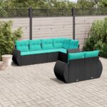 7-teiliges Gartensofa-Set mit Kissen, schwarzes Polyrattan