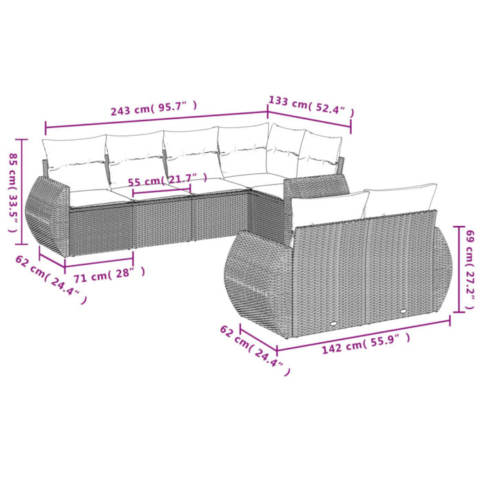 7-teiliges Gartensofa-Set mit Kissen, schwarzes Polyrattan – Bild 7