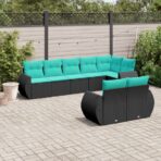 8-teiliges Gartensofa-Set mit Kissen, schwarzes Polyrattan