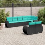8-teiliges Gartensofa-Set mit Kissen, schwarzes Polyrattan