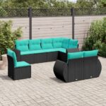 8-teiliges Gartensofa-Set mit Kissen, schwarzes Polyrattan