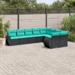 9-teiliges Gartensofa-Set mit Kissen, schwarzes Polyrattan