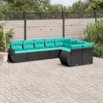 9-teiliges Gartensofa-Set mit Kissen, schwarzes Polyrattan